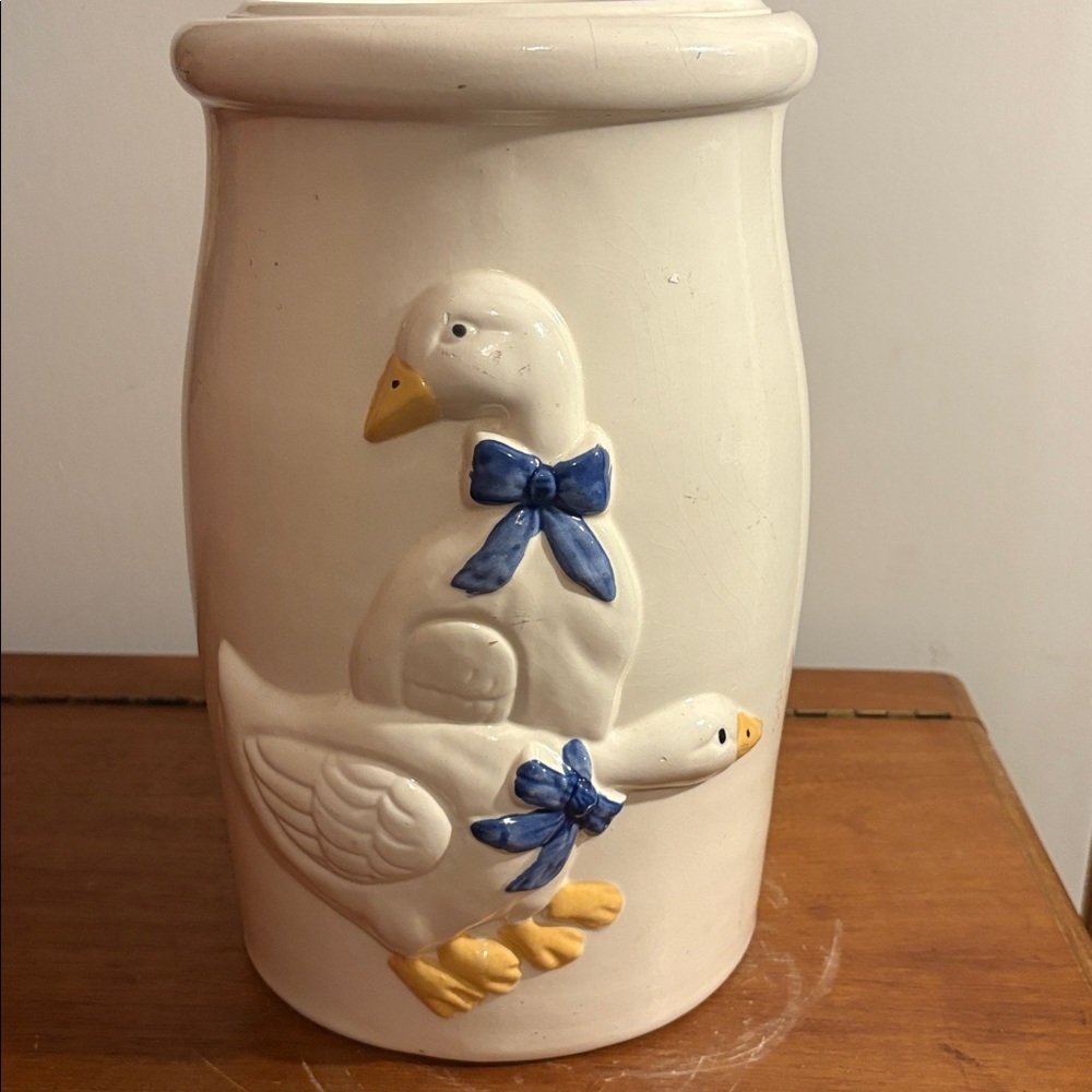 Large Country Geese Ducks Ceramic Butter Churner Crock Vintage 80s Rustic Farm - Picture 17 of 17